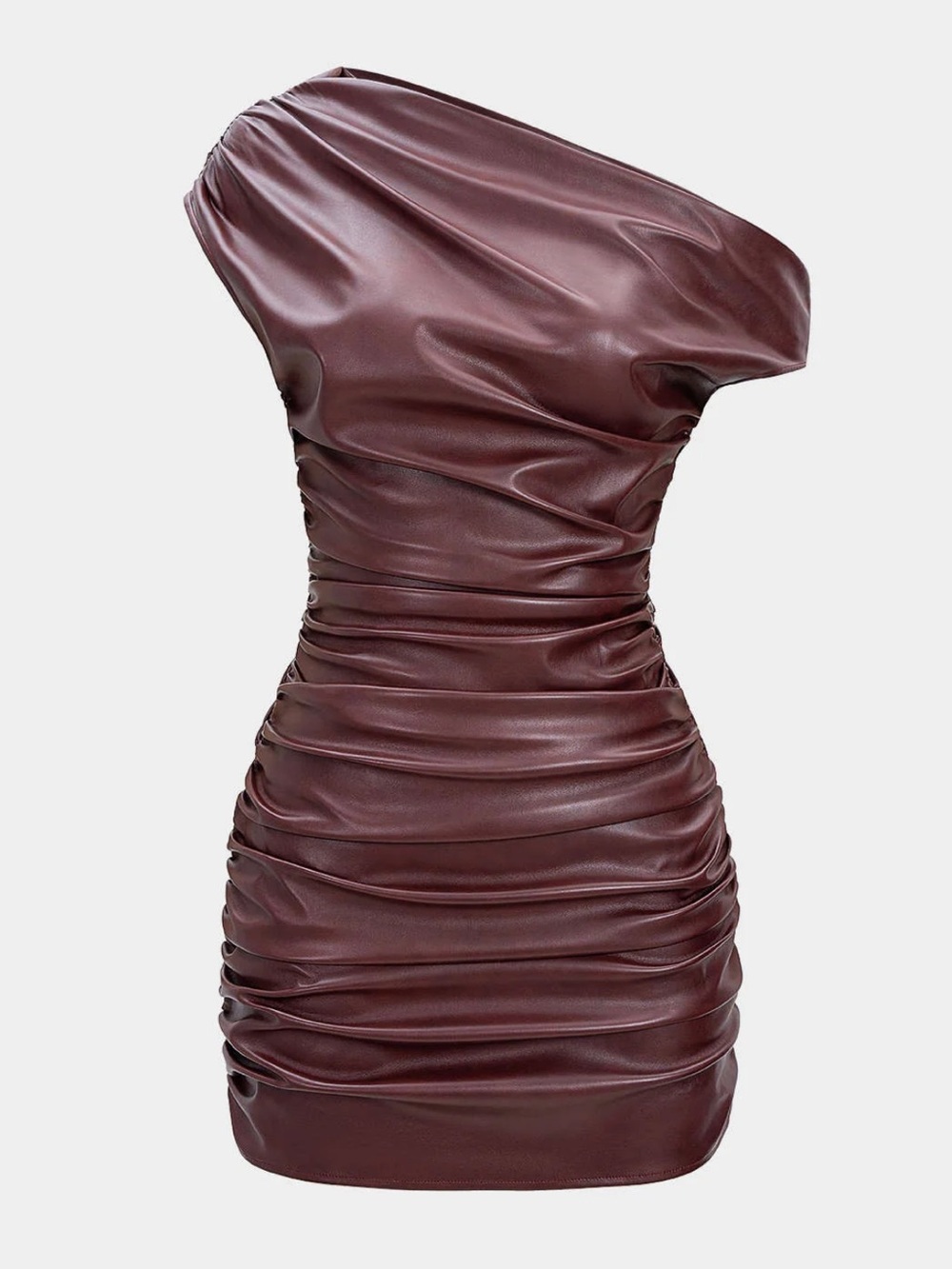 Micas Faux Leather Ruched Boat Neck Asymmetrical Sleeveless Mini Dress Maroon - Picture 5 of 9